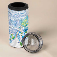 Hawaiian Couple Turtles Honi 4 in 1 Can Cooler Tumbler Polynesian Art Motifs and Hibiscus White Blue Color LT03 - Polynesian Pride