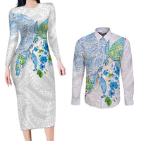 Hawaiian Couple Turtles Honi Couples Matching Long Sleeve Bodycon Dress and Long Sleeve Button Shirt Polynesian Art Motifs and Hibiscus White Blue Color LT03 White - Polynesian Pride