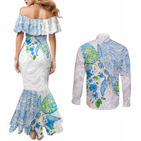 Hawaiian Couple Turtles Honi Couples Matching Mermaid Dress and Long Sleeve Button Shirt Polynesian Art Motifs and Hibiscus White Blue Color LT03 - Polynesian Pride