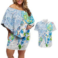 Hawaiian Couple Turtles Honi Couples Matching Off Shoulder Short Dress and Hawaiian Shirt Polynesian Art Motifs and Hibiscus White Blue Color LT03 White - Polynesian Pride