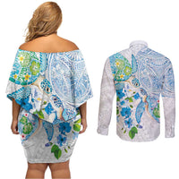 Hawaiian Couple Turtles Honi Couples Matching Off Shoulder Short Dress and Long Sleeve Button Shirt Polynesian Art Motifs and Hibiscus White Blue Color LT03 - Polynesian Pride