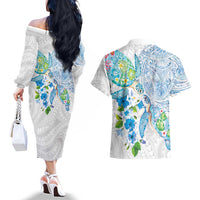 Hawaiian Couple Turtles Honi Couples Matching Off The Shoulder Long Sleeve Dress and Hawaiian Shirt Polynesian Art Motifs and Hibiscus White Blue Color LT03 - Polynesian Pride