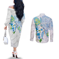 Hawaiian Couple Turtles Honi Couples Matching Off The Shoulder Long Sleeve Dress and Long Sleeve Button Shirt Polynesian Art Motifs and Hibiscus White Blue Color LT03 - Polynesian Pride