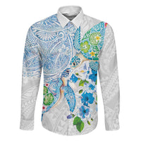 Hawaiian Couple Turtles Honi Family Matching Off The Shoulder Long Sleeve Dress and Hawaiian Shirt Polynesian Art Motifs and Hibiscus White Blue Color LT03 Dad's Shirt - Long Sleeve White - Polynesian Pride