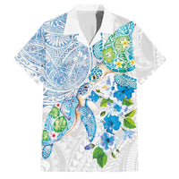 Hawaiian Couple Turtles Honi Family Matching Off Shoulder Maxi Dress and Hawaiian Shirt Polynesian Art Motifs and Hibiscus White Blue Color LT03 Dad's Shirt - Short Sleeve White - Polynesian Pride