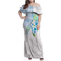 Hawaiian Couple Turtles Honi Family Matching Off Shoulder Maxi Dress and Hawaiian Shirt Polynesian Art Motifs and Hibiscus White Blue Color LT03 Mom's Dress White - Polynesian Pride