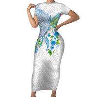 Hawaiian Couple Turtles Honi Family Matching Short Sleeve Bodycon Dress and Hawaiian Shirt Polynesian Art Motifs and Hibiscus White Blue Color LT03 Mom's Dress White - Polynesian Pride