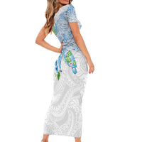 Hawaiian Couple Turtles Honi Family Matching Short Sleeve Bodycon Dress and Hawaiian Shirt Polynesian Art Motifs and Hibiscus White Blue Color LT03 - Polynesian Pride