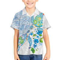 Hawaiian Couple Turtles Honi Kid Hawaiian Shirt Polynesian Art Motifs and Hibiscus White Blue Color LT03 Kid White - Polynesian Pride