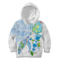 Hawaiian Couple Turtles Honi Kid Hoodie Polynesian Art Motifs and Hibiscus White Blue Color LT03 Hoodie White - Polynesian Pride