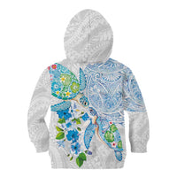 Hawaiian Couple Turtles Honi Kid Hoodie Polynesian Art Motifs and Hibiscus White Blue Color LT03 - Polynesian Pride