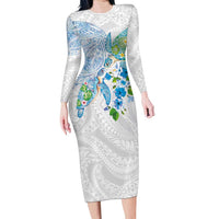 Hawaiian Couple Turtles Honi Long Sleeve Bodycon Dress Polynesian Art Motifs and Hibiscus White Blue Color LT03 Long Dress White - Polynesian Pride