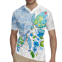 Hawaiian Couple Turtles Honi Rugby Jersey Polynesian Art Motifs and Hibiscus White Blue Color LT03 - Polynesian Pride