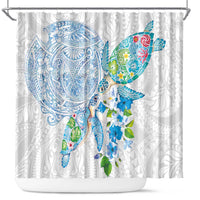 Hawaiian Couple Turtles Honi Shower Curtain Polynesian Art Motifs and Hibiscus White Blue Color LT03 White - Polynesian Pride