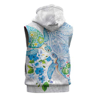 Hawaiian Couple Turtles Honi Sleeveless Zip Hoodie Polynesian Art Motifs and Hibiscus White Blue Color LT03 - Polynesian Pride