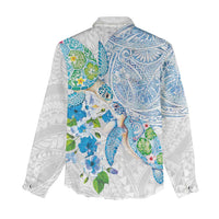 Hawaiian Couple Turtles Honi Women Casual Shirt Polynesian Art Motifs and Hibiscus White Blue Color LT03 - Polynesian Pride