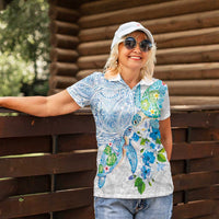 Hawaiian Couple Turtles Honi Women Polo Shirt Polynesian Art Motifs and Hibiscus White Blue Color LT03 - Polynesian Pride