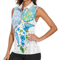 Hawaiian Couple Turtles Honi Women Sleeveless Polo Shirt Polynesian Art Motifs and Hibiscus White Blue Color LT03 - Polynesian Pride