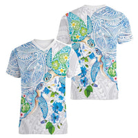 Hawaiian Couple Turtles Honi Women V-Neck T-Shirt Polynesian Art Motifs and Hibiscus White Blue Color LT03 - Polynesian Pride