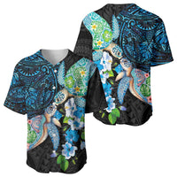Hawaiian Couple Turtles Honi Baseball Jersey Polynesian Art Motifs and Hibiscus Black Blue Color - Polynesian Pride