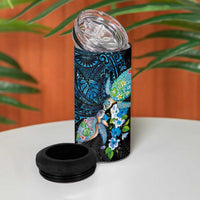 Hawaiian Couple Turtles Honi 4 in 1 Can Cooler Tumbler Polynesian Art Motifs and Hibiscus Black Blue Color LT03 - Polynesian Pride