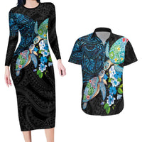 Hawaiian Couple Turtles Honi Couples Matching Long Sleeve Bodycon Dress and Hawaiian Shirt Polynesian Art Motifs and Hibiscus Black Blue Color LT03 Black - Polynesian Pride