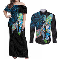 Hawaiian Couple Turtles Honi Couples Matching Off Shoulder Maxi Dress and Long Sleeve Button Shirt Polynesian Art Motifs and Hibiscus Black Blue Color LT03 Black - Polynesian Pride