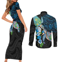 Hawaiian Couple Turtles Honi Couples Matching Short Sleeve Bodycon Dress and Long Sleeve Button Shirt Polynesian Art Motifs and Hibiscus Black Blue Color LT03 - Polynesian Pride