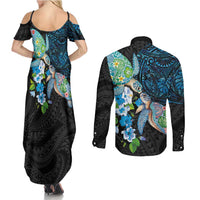 Hawaiian Couple Turtles Honi Couples Matching Summer Maxi Dress and Long Sleeve Button Shirt Polynesian Art Motifs and Hibiscus Black Blue Color LT03 - Polynesian Pride