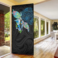 Hawaiian Couple Turtles Honi Door Cover Polynesian Art Motifs and Hibiscus Black Blue Color LT03 - Polynesian Pride