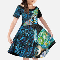 Hawaiian Couple Turtles Honi Family Matching Off Shoulder Maxi Dress and Hawaiian Shirt Polynesian Art Motifs and Hibiscus Black Blue Color LT03 Daughter's Dress Black - Polynesian Pride