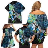 Hawaiian Couple Turtles Honi Family Matching Off Shoulder Short Dress and Hawaiian Shirt Polynesian Art Motifs and Hibiscus Black Blue Color LT03 - Polynesian Pride