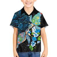 Hawaiian Couple Turtles Honi Family Matching Puletasi and Hawaiian Shirt Polynesian Art Motifs and Hibiscus Black Blue Color LT03 Son's Shirt Black - Polynesian Pride