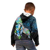 Hawaiian Couple Turtles Honi Kid Hoodie Polynesian Art Motifs and Hibiscus Black Blue Color LT03 - Polynesian Pride