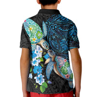 Hawaiian Couple Turtles Honi Kid Polo Shirt Polynesian Art Motifs and Hibiscus Black Blue Color LT03 - Polynesian Pride