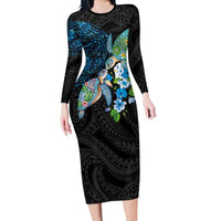 Hawaiian Couple Turtles Honi Long Sleeve Bodycon Dress Polynesian Art Motifs and Hibiscus Black Blue Color LT03 Long Dress Black - Polynesian Pride