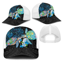Hawaiian Couple Turtles Honi Mesh Trucker Cap Polynesian Art Motifs and Hibiscus Black Blue Color - Polynesian Pride