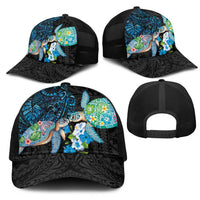 Hawaiian Couple Turtles Honi Mesh Trucker Cap Polynesian Art Motifs and Hibiscus Black Blue Color - Polynesian Pride