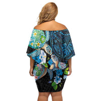 Hawaiian Couple Turtles Honi Off Shoulder Short Dress Polynesian Art Motifs and Hibiscus Black Blue Color LT03 - Polynesian Pride