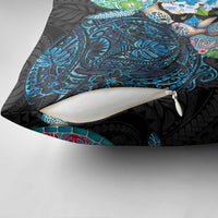 Hawaiian Couple Turtles Honi Pillow Cover Polynesian Art Motifs and Hibiscus Black Blue Color - Polynesian Pride