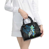 Hawaiian Couple Turtles Honi Shoulder Handbag Polynesian Art Motifs and Hibiscus Black Blue Color - Polynesian Pride