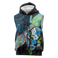 Hawaiian Couple Turtles Honi Sleeveless Zip Hoodie Polynesian Art Motifs and Hibiscus Black Blue Color LT03 Black - Polynesian Pride