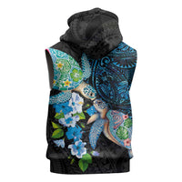Hawaiian Couple Turtles Honi Sleeveless Zip Hoodie Polynesian Art Motifs and Hibiscus Black Blue Color LT03 - Polynesian Pride