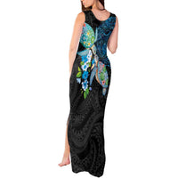 Hawaiian Couple Turtles Honi Tank Maxi Dress Polynesian Art Motifs and Hibiscus Black Blue Color LT03 - Polynesian Pride