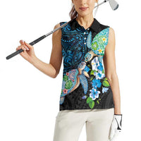 Hawaiian Couple Turtles Honi Women Sleeveless Polo Shirt Polynesian Art Motifs and Hibiscus Black Blue Color LT03 - Polynesian Pride