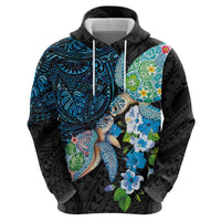 Hawaiian Couple Turtles Honi Zip Hoodie Polynesian Art Motifs and Hibiscus Black Blue Color LT03 - Polynesian Pride