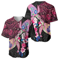 Hawaiian Couple Turtles Honi Baseball Jersey Polynesian Art Motifs and Hibiscus Black Red Color - Polynesian Pride