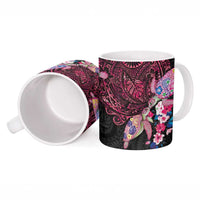 Hawaiian Couple Turtles Honi Ceramic Mug Polynesian Art Motifs and Hibiscus Black Red Color - Polynesian Pride