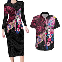 Hawaiian Couple Turtles Honi Couples Matching Long Sleeve Bodycon Dress and Hawaiian Shirt Polynesian Art Motifs and Hibiscus Black Red Color LT03 Black - Polynesian Pride