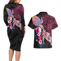 Hawaiian Couple Turtles Honi Couples Matching Long Sleeve Bodycon Dress and Hawaiian Shirt Polynesian Art Motifs and Hibiscus Black Red Color LT03 - Polynesian Pride